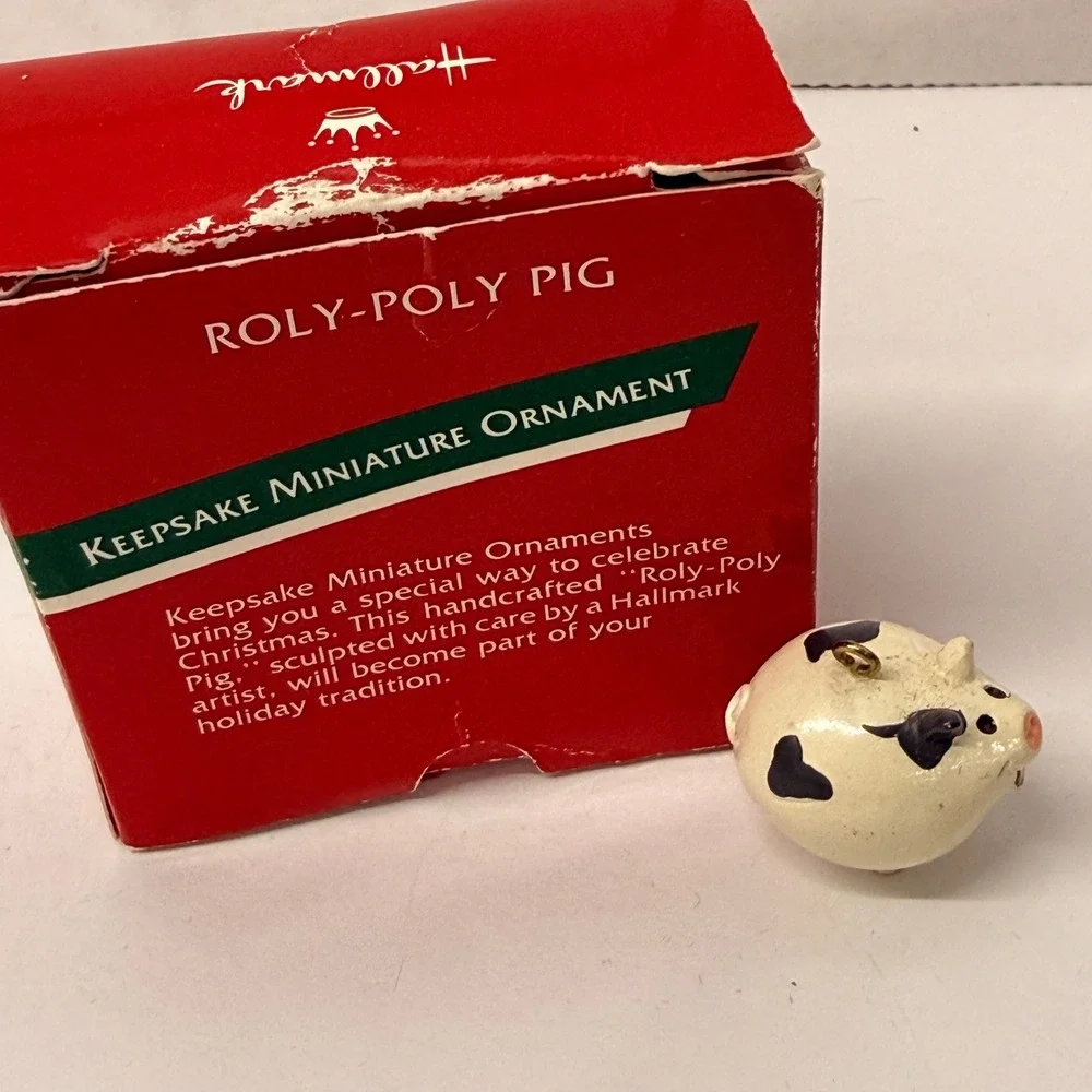 Hallmark Keepsake Miniature Ornament Roly-Poly Pig White Black Spotted Vintage
